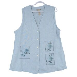Sweet Jessie Vintage Woman Vest Blue Linen Rose Button Front Sleeveless Size 1X‎